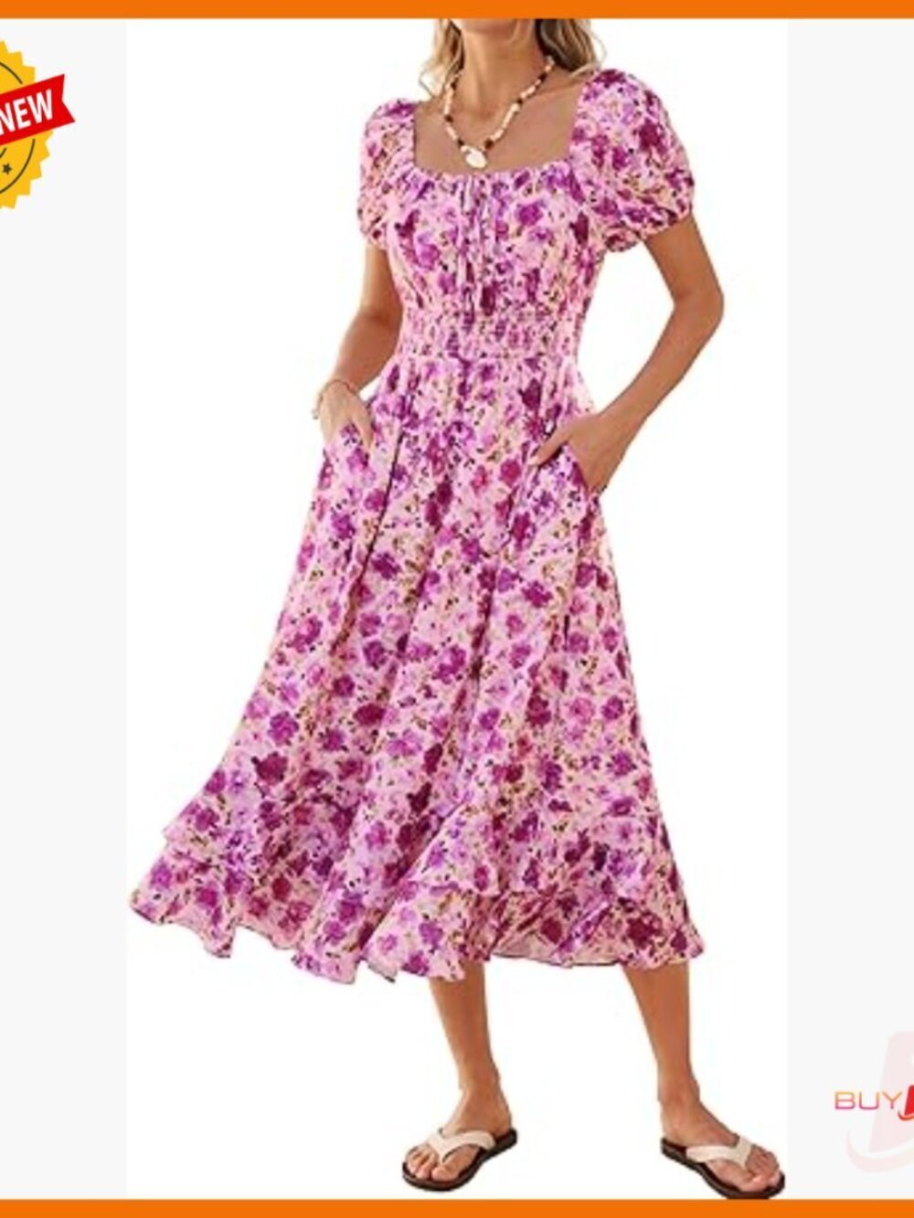 Summer Maxi Dress with Puff Sleeves, Square Neck, Smocked Back, Pockets